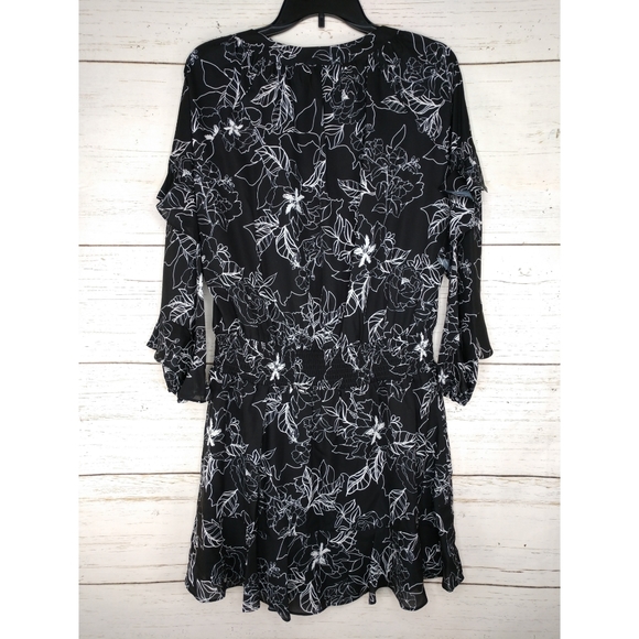 Parker Floral Print Ruffle Long Sleeves Smocked Waist Black Dress Women Large - Picture 5 of 11